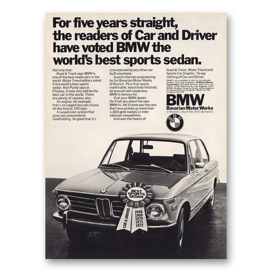 1972 BMW Worlds Best Sports Sedan Vintage Magazine Print Ad