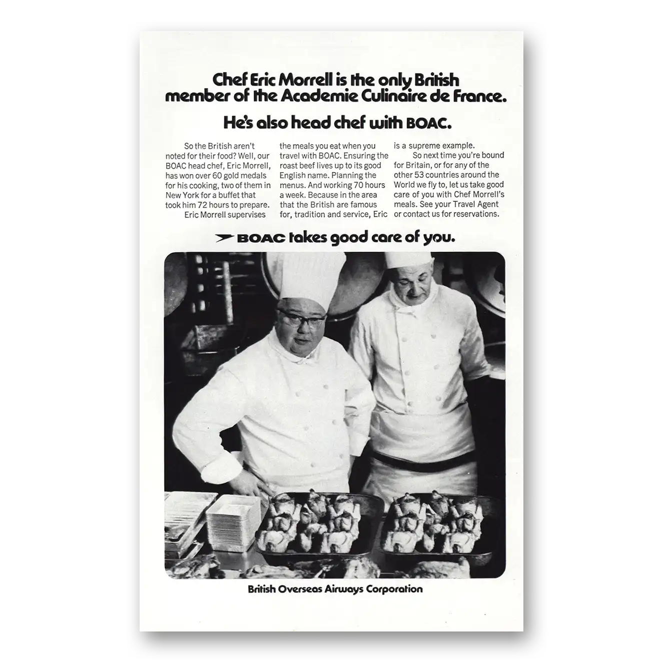 1972 British Airways BOAC Chef Eric Morrell Vintage Magazine Print Ad