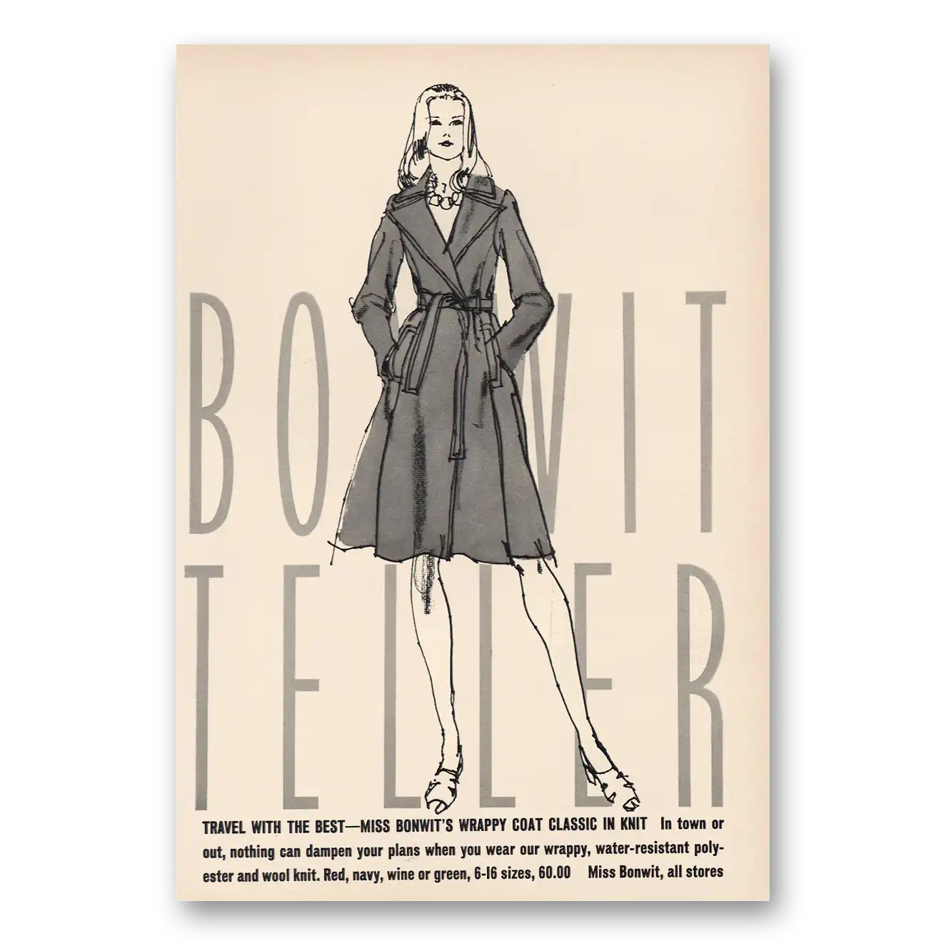 1972 Bonwit Teller Wrappy Coat Classic Vintage Magazine Print Ad