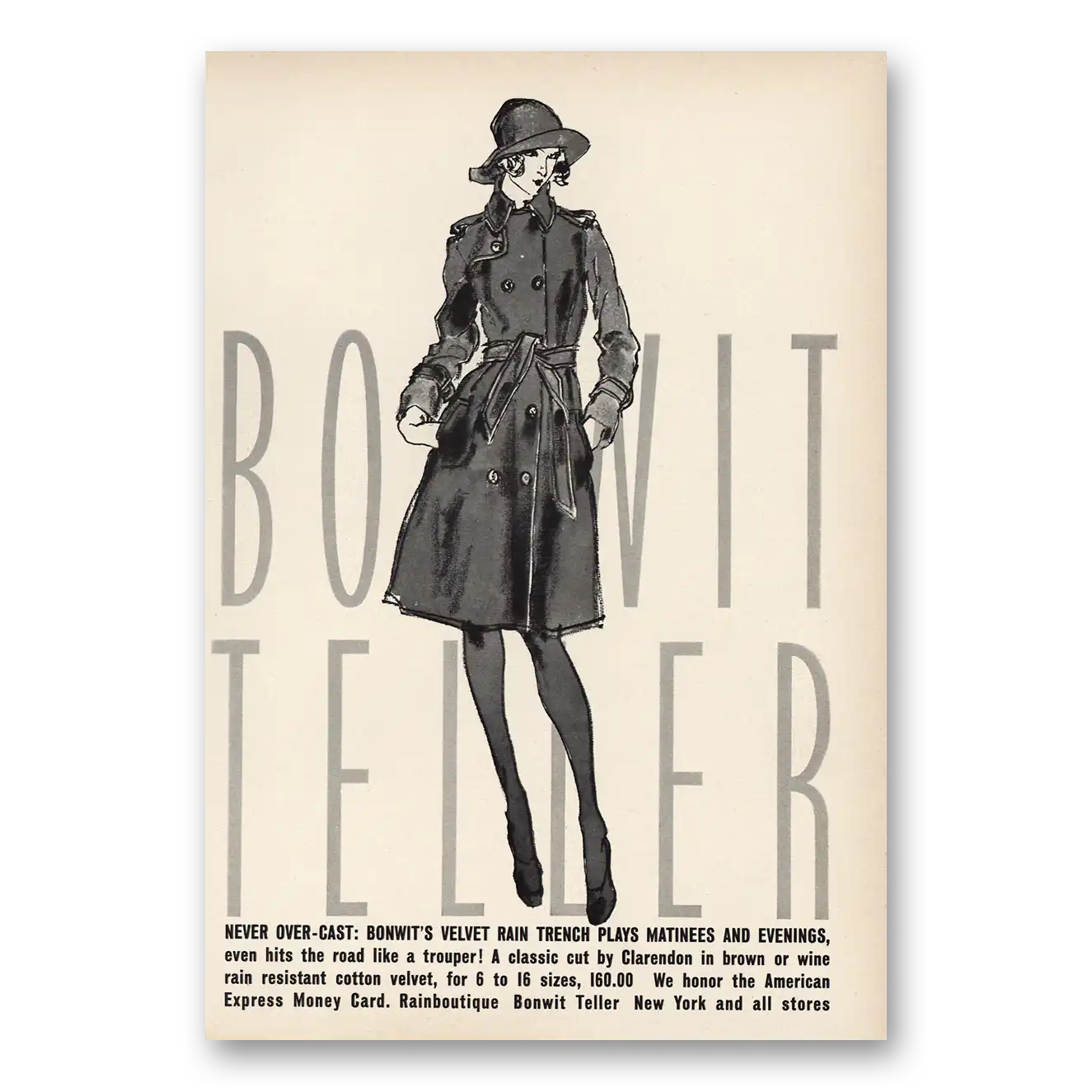 1972 Bonwit Teller Velvet Rain Trench Vintage Magazine Print Ad