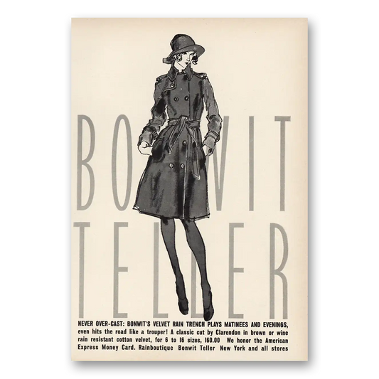 1972 Bonwit Teller Velvet Rain Trench Vintage Magazine Print Ad