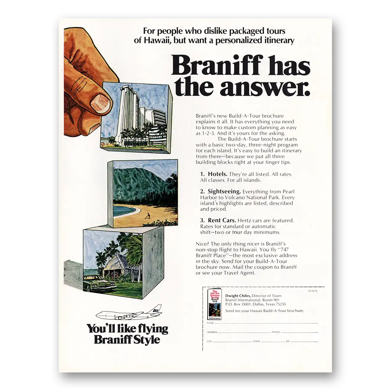 1972 Braniff International Airways Has the Answer Build a Tour Vintage Magazine Print Ad