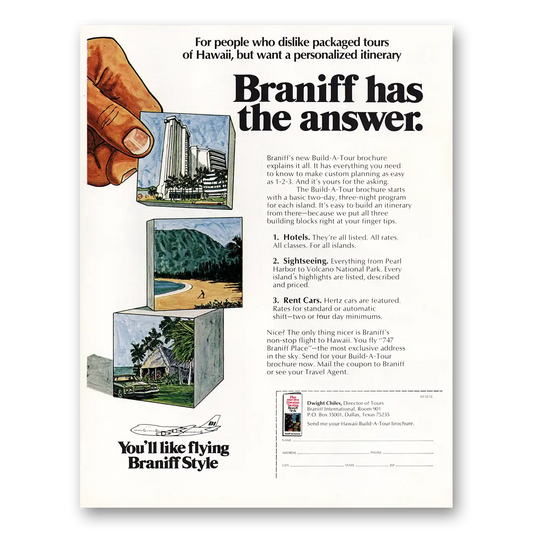 1972 Braniff International Airways Has the Answer Build a Tour Vintage Magazine Print Ad