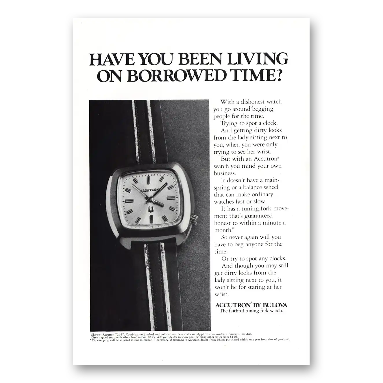 1972 Accutron Watch Living on Borrowed Time Vintage Magazine Print Ad