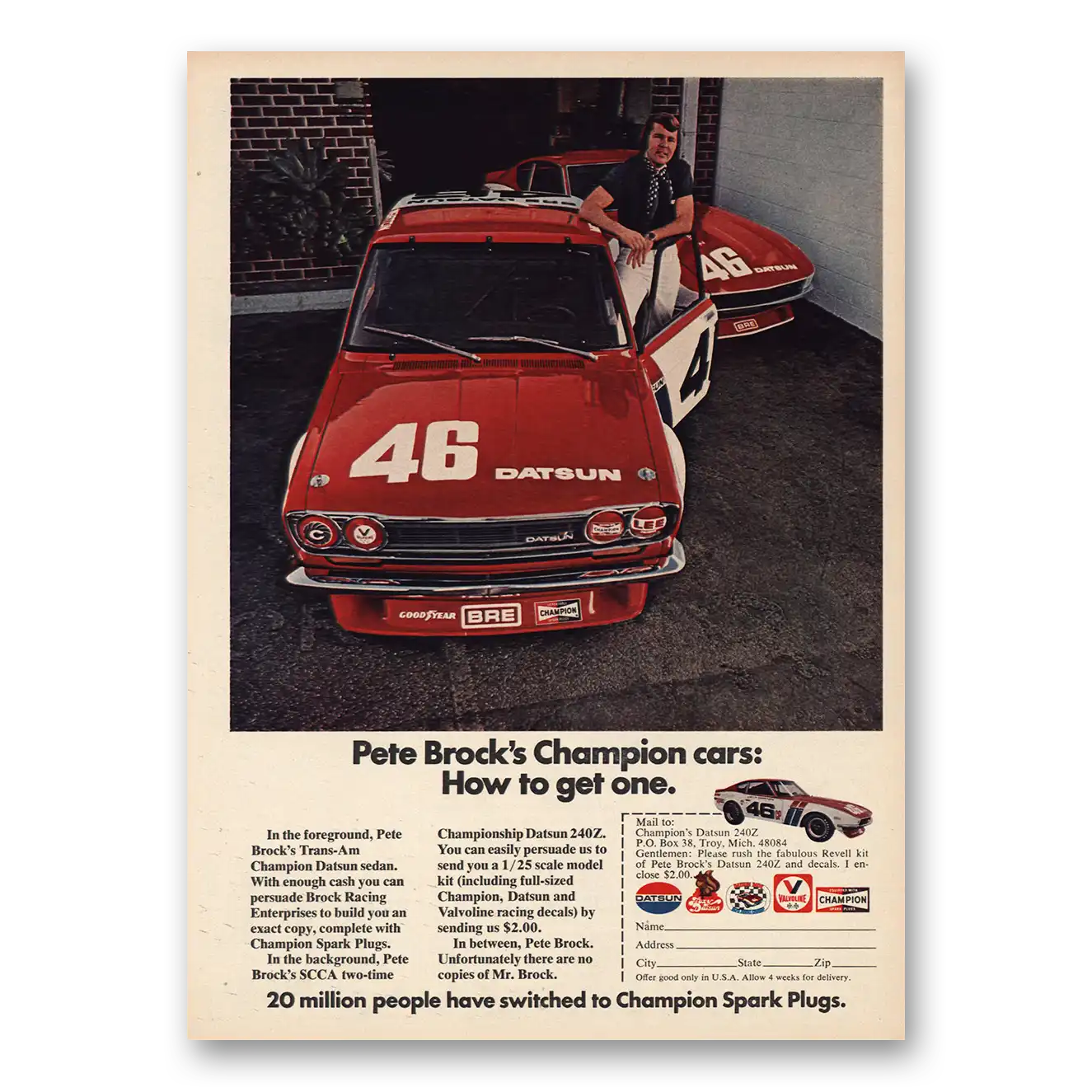 1972 Champion Spark Plugs Pete Brocks Championship Cars Vintage Magazine Print Ad