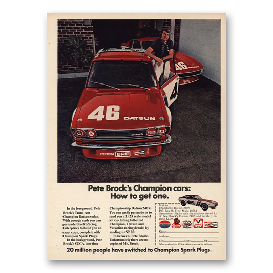 1972 Champion Spark Plugs Pete Brocks Championship Cars Vintage Magazine Print Ad