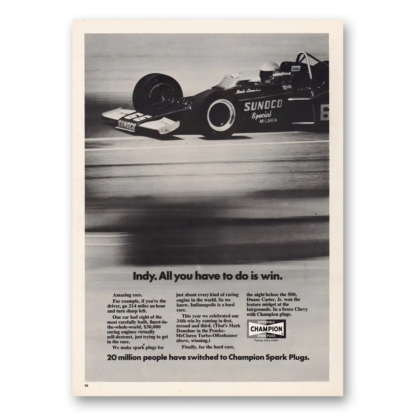 1972 Champion Spark Plugs Indy All You Have To Do Is Win Vintage Magazine Print Ad