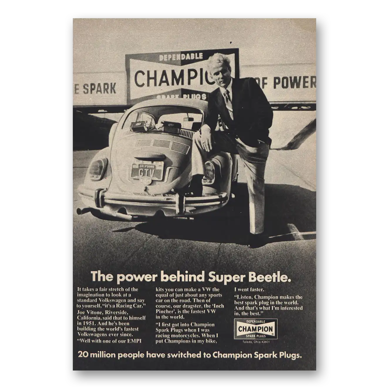 1972 Champion Spark Plugs Power Behind Super Beetle Vintage Magazine Print Ad