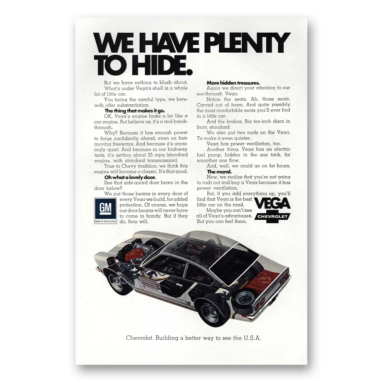 1972 Chevrolet Vega Plenty to Hide Vintage Magazine Print Ad