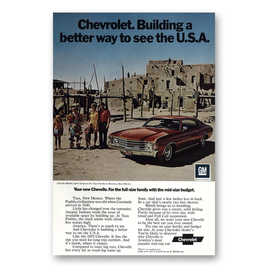 1972 Chevrolet Chevelle Taos Pueblo Better Way USA Vintage Magazine Print Ad