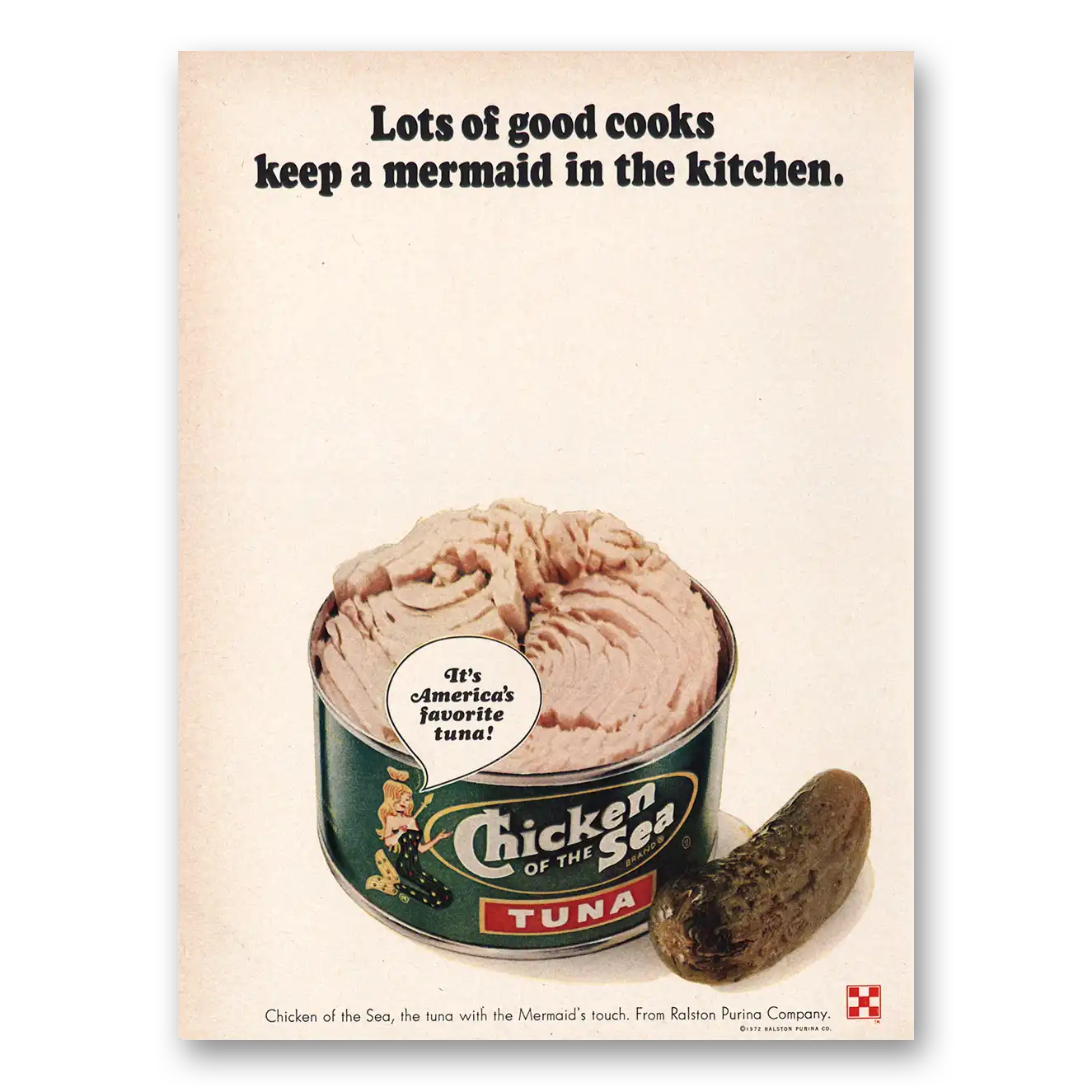 1972 Chicken of the Sea Mermaid In Kitchen Vintage Magazine Print Ad