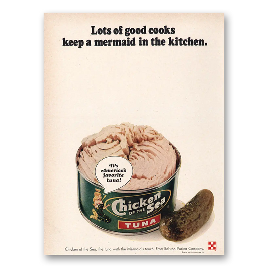 1972 Chicken of the Sea Mermaid In Kitchen Vintage Magazine Print Ad