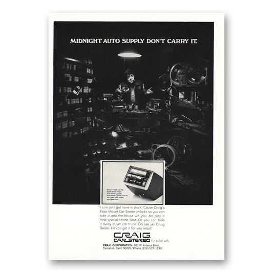 1972 Craig Car Stereos Midnight Auto Supply Vintage Magazine Print Ad