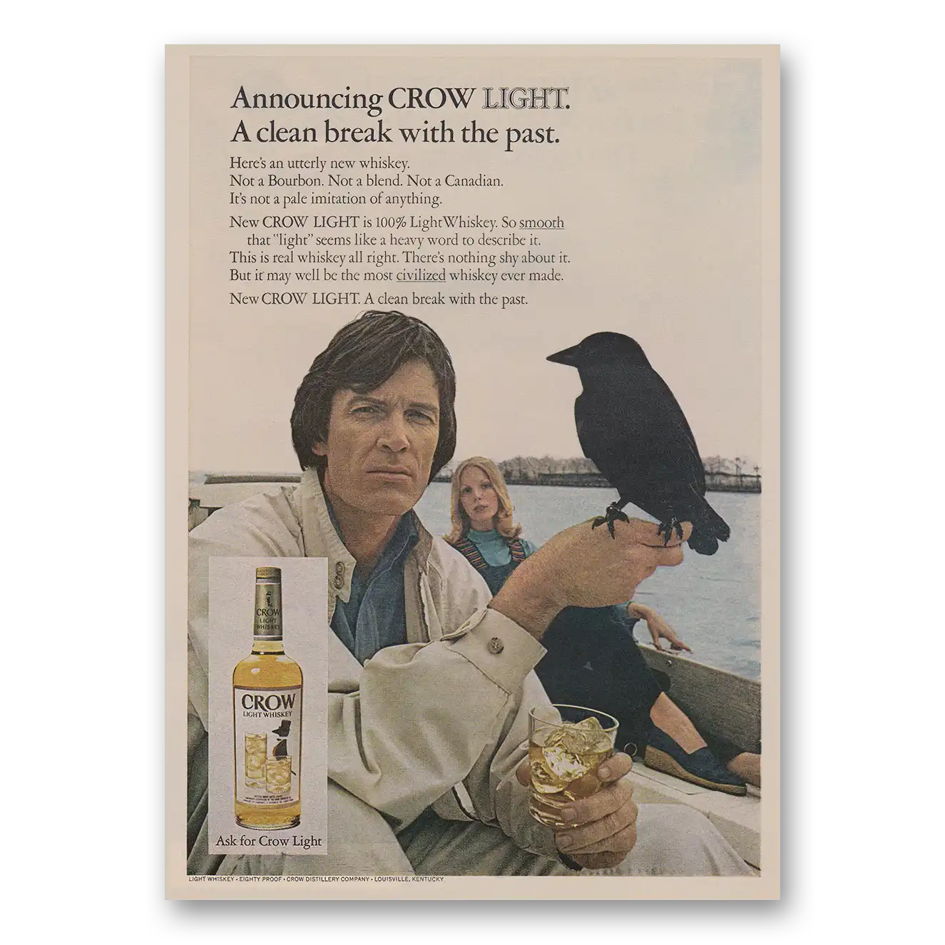 1972 Crow Light Whiskey A Clean Break With the Past Vintage Magazine Print Ad