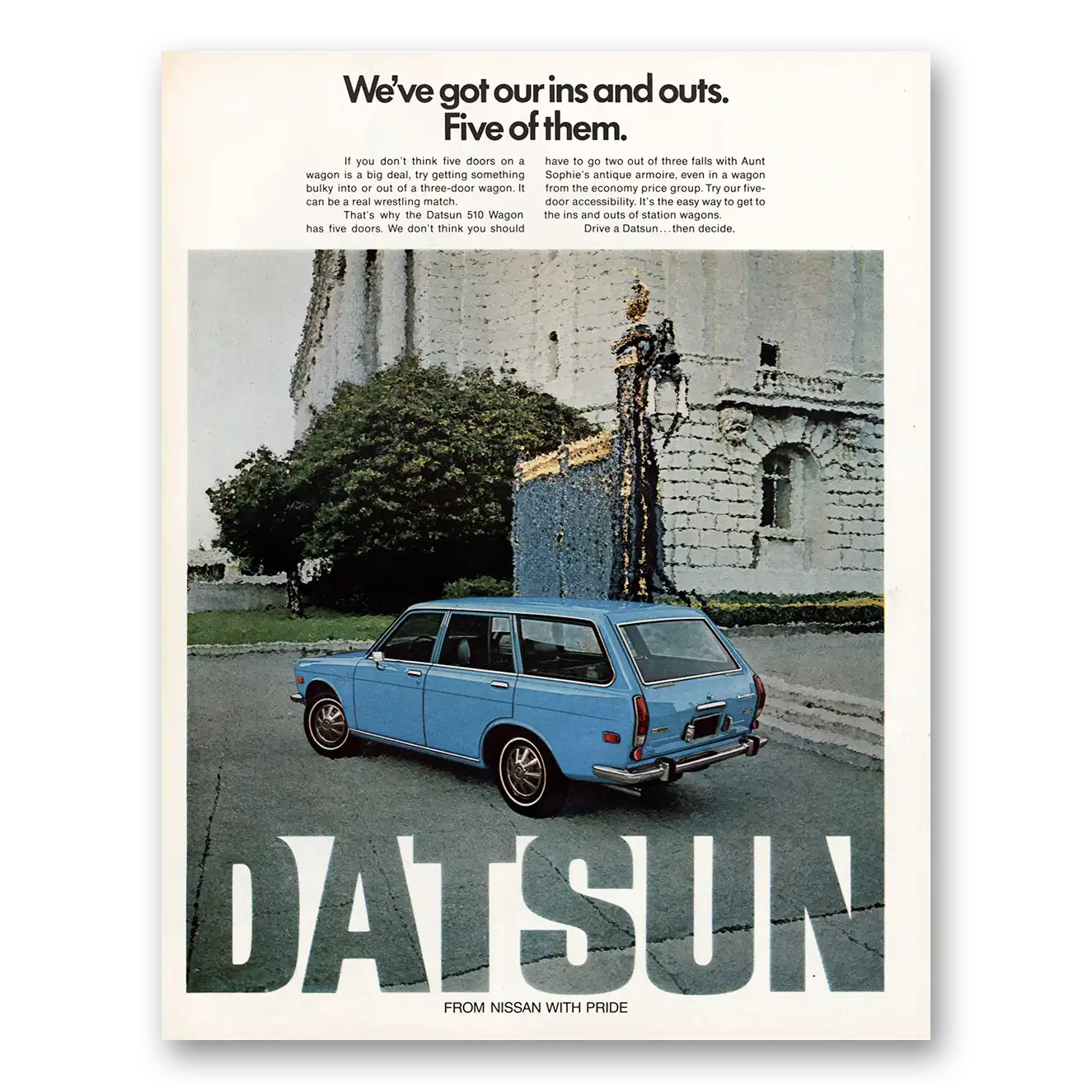 1971 Datsun 510 Got Our Ins and Outs Five of Them Vintage Magazine Print Ad