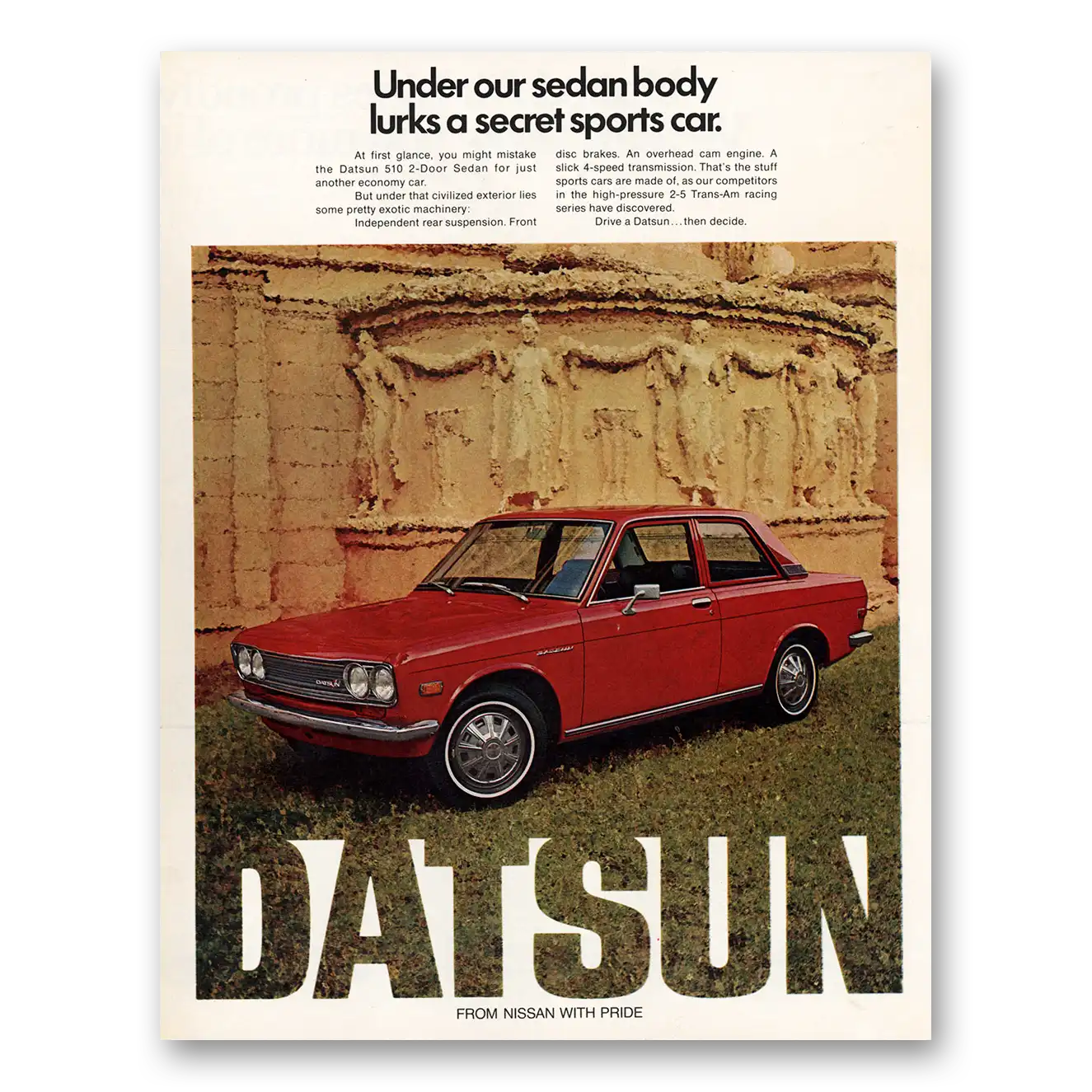 1972 Datsun 510 Under Our Sedan Body Secret Sports Car Vintage Magazine Print Ad