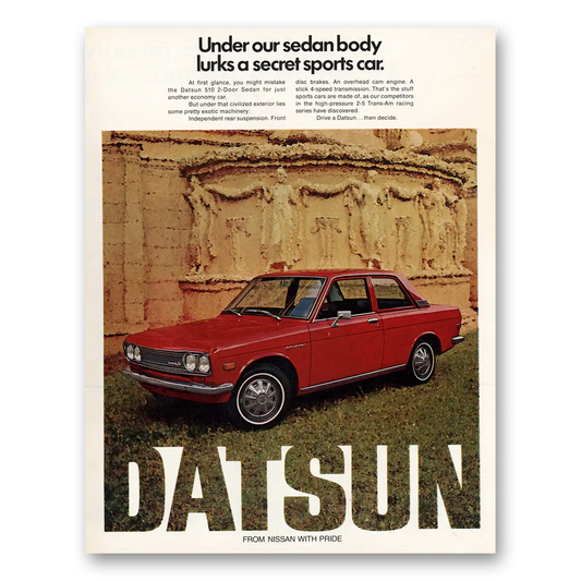 1972 Datsun 510 Under Our Sedan Body Secret Sports Car Vintage Magazine Print Ad