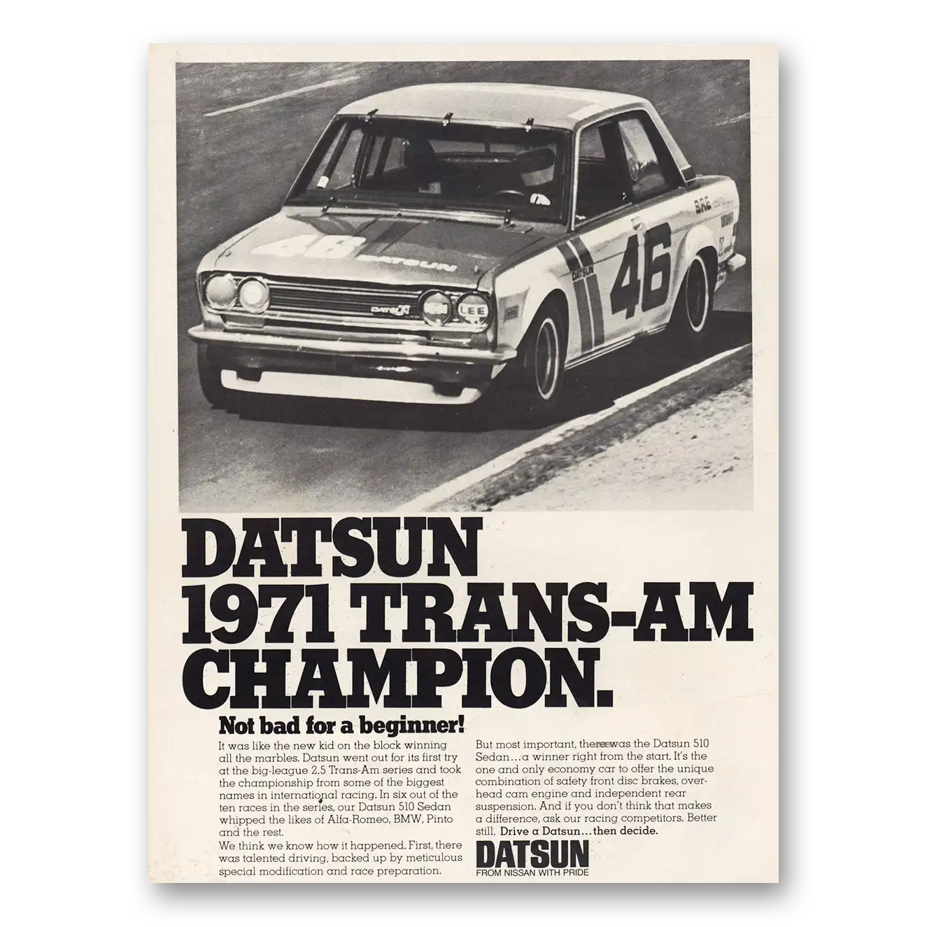 1972 Datsun Trans Am Champion Vintage Magazine Print Ad