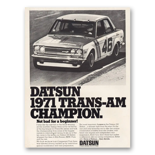 1972 Datsun Trans Am Champion Vintage Magazine Print Ad