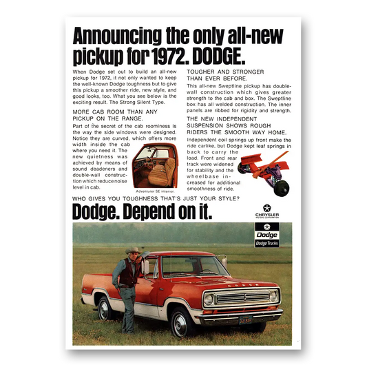 1972 Dodge Trucks Only All New Pickup for Vintage Magazine Print Ad