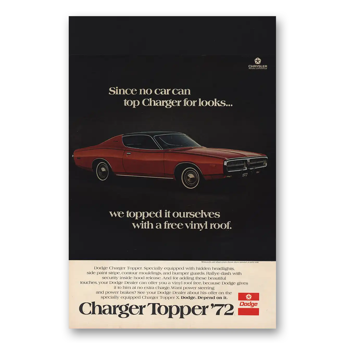 1972 Dodge Charger Topper No Car Can Top Charger for Looks Vintage Magazine Print Ad