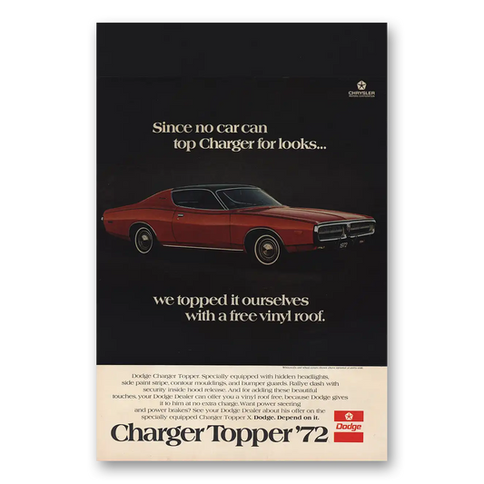 1972 Dodge Charger Topper No Car Can Top Charger for Looks Vintage Magazine Print Ad