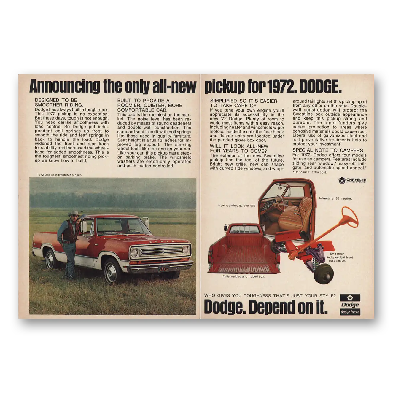 1972 Dodge Trucks Designed to Be Smoother Riding Vintage Magazine Print Ad