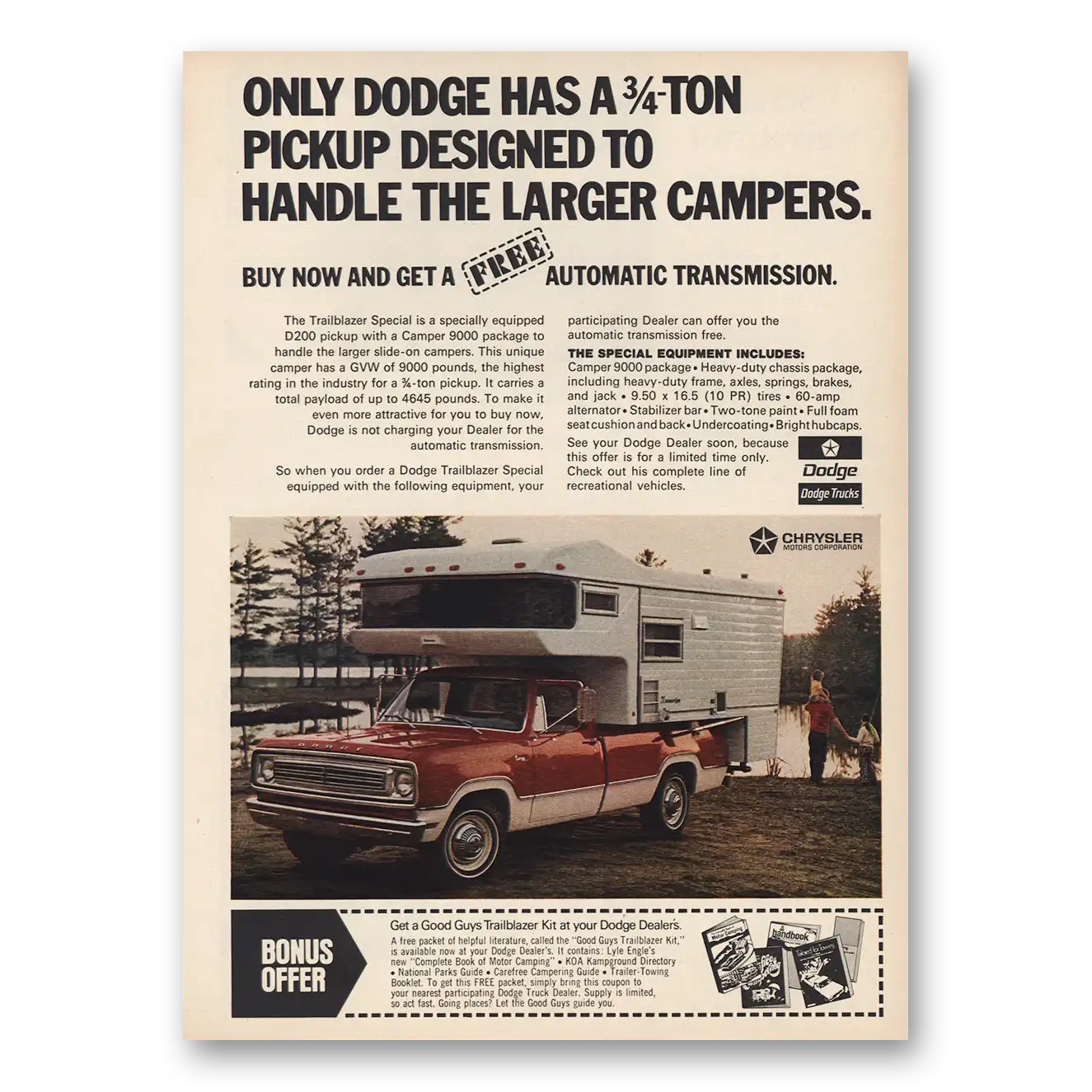 1972 Dodge Trucks Designed to Handle Larger Campers Vintage Magazine Print Ad