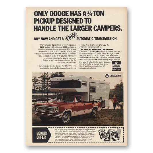 1972 Dodge Trucks Designed to Handle Larger Campers Vintage Magazine Print Ad