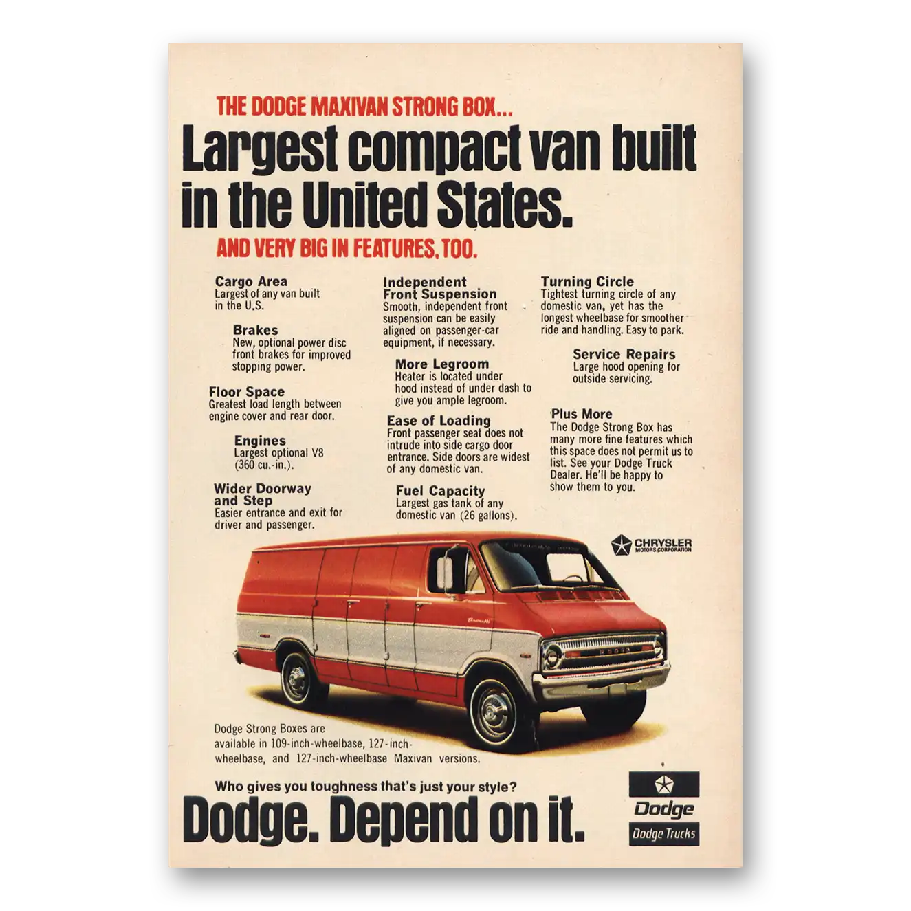 1972 Dodge Vans Largest Compact Van Built Vintage Magazine Print Ad