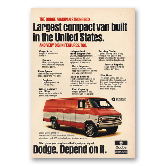 1972 Dodge Vans Largest Compact Van Built Vintage Magazine Print Ad