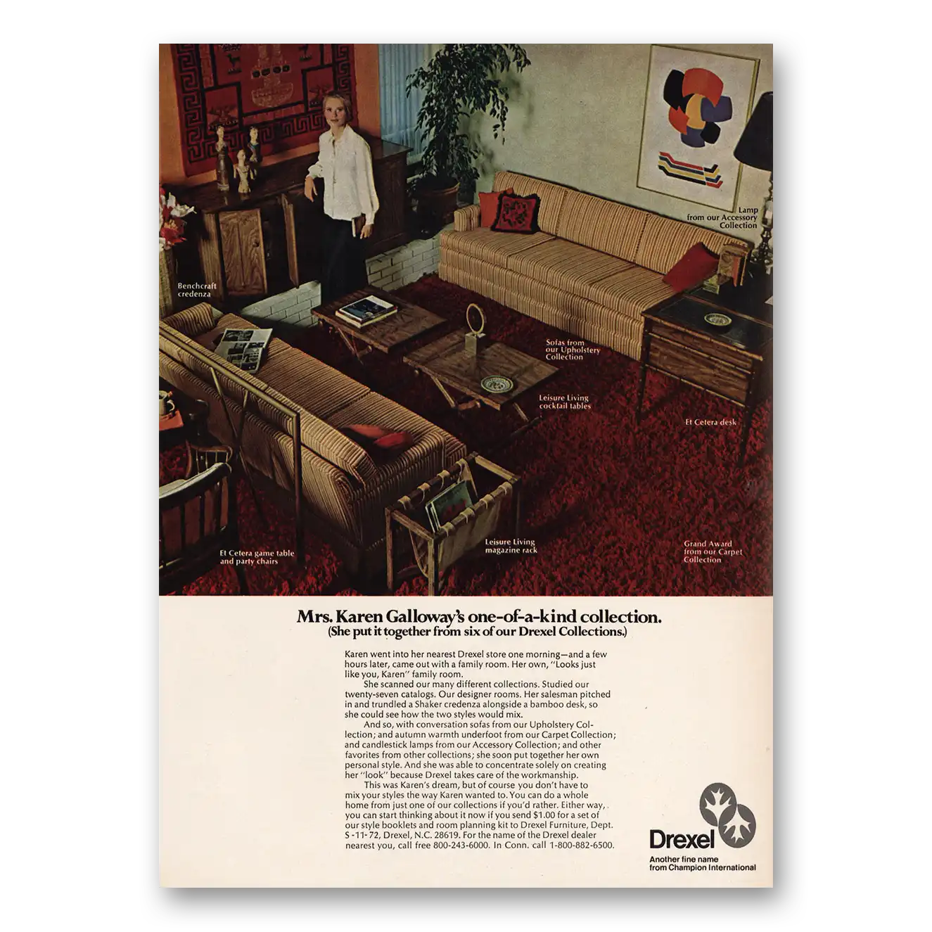 1972 Drexel Furniture Mrs Karen Galloway Vintage Magazine Print Ad