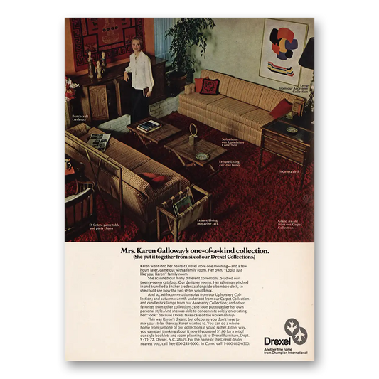 1972 Drexel Furniture Mrs Karen Galloway Vintage Magazine Print Ad