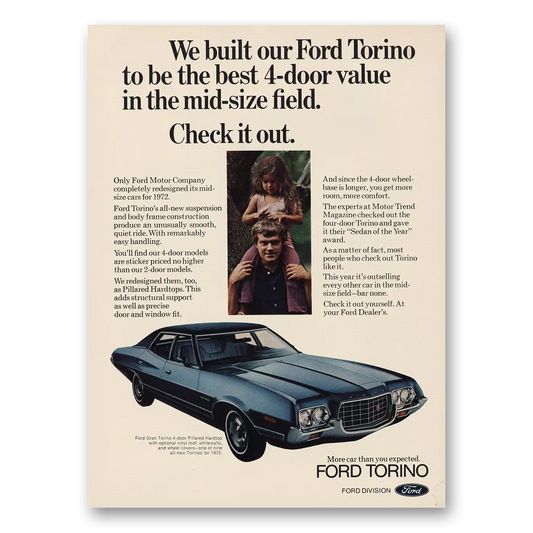 1972 Ford Torino Mid Size Field Check It Out Vintage Magazine Print Ad