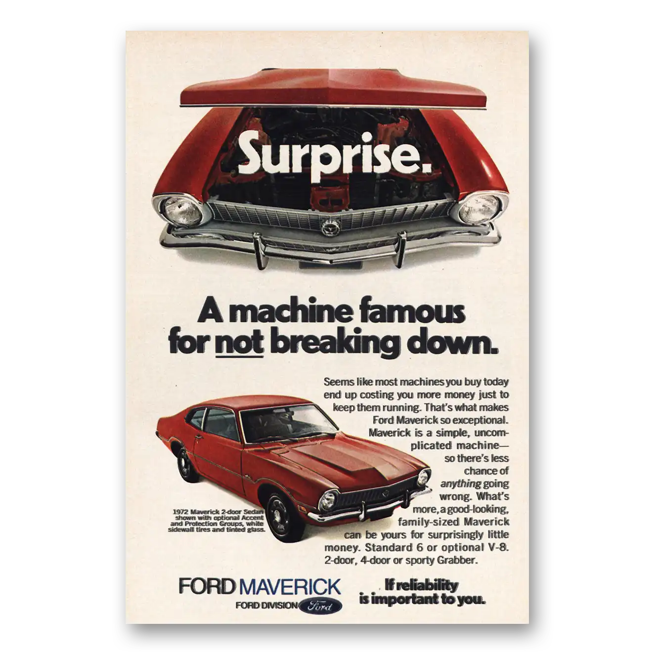 1972 Ford Maverick Machine Famous For Not Breaking Down Vintage Magazine Print Ad