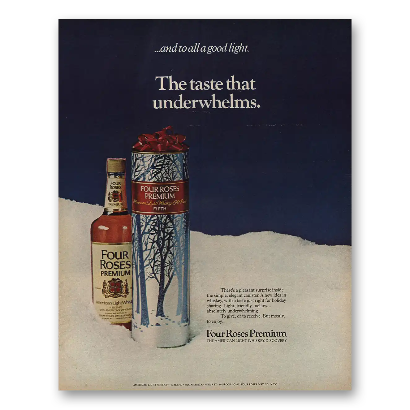 1972 Four Roses Premium Taste That Underwhelms Vintage Magazine Print Ad