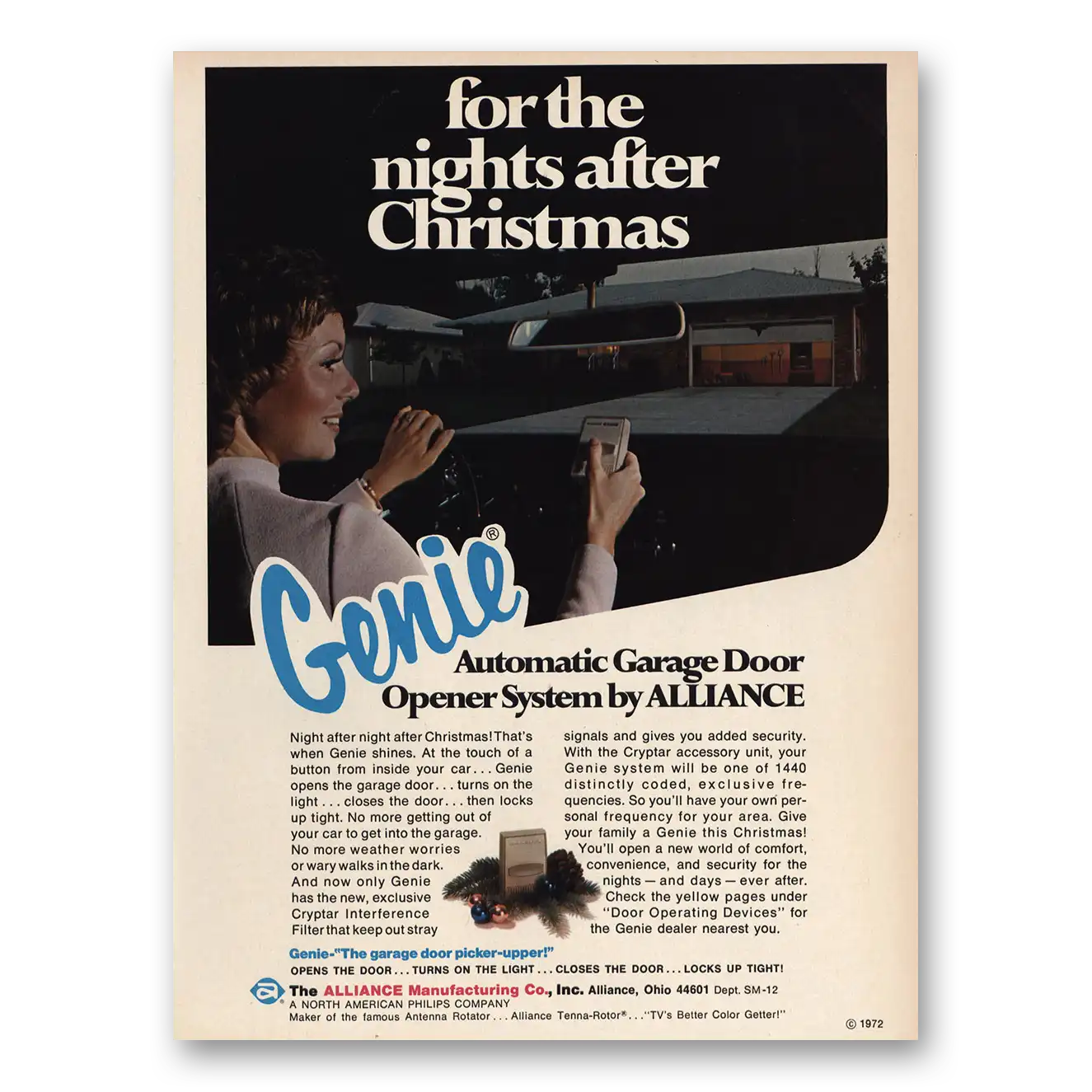 1972 Genie Garage Door Opener Nights After Christmas Vintage Magazine Print Ad