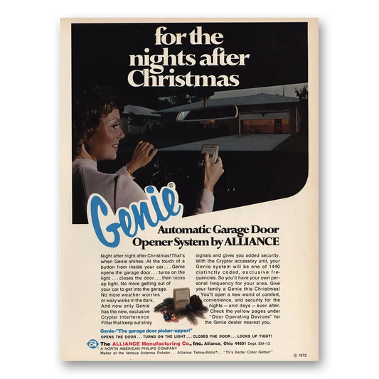 1972 Genie Garage Door Opener Nights After Christmas Vintage Magazine Print Ad