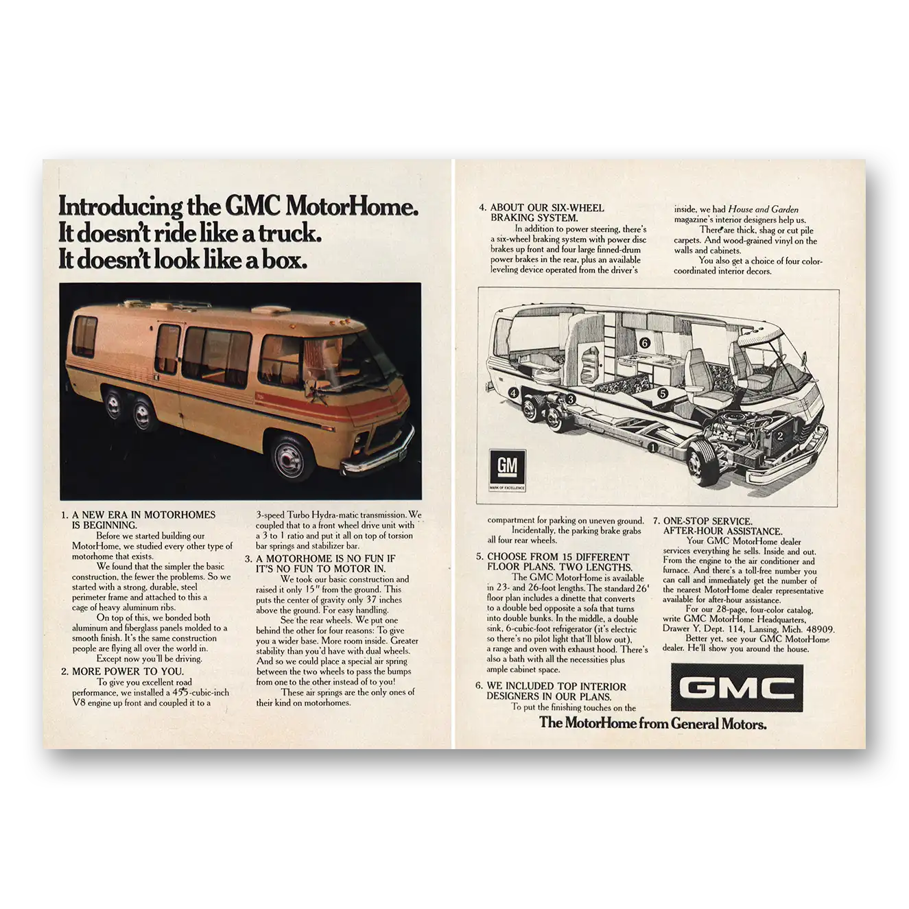 1973 GMC Motor Home Doesn't Look Like a Box Vintage Magazine Print Ad