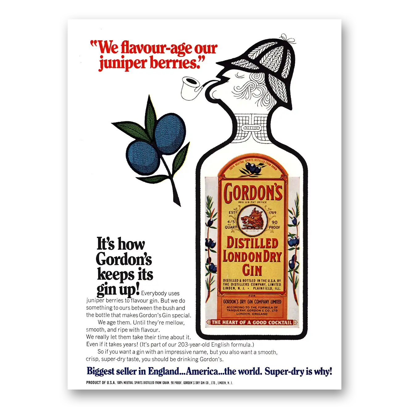 1972 Gordons Gin Flavour Age Our Juniper Berries Vintage Magazine Print Ad