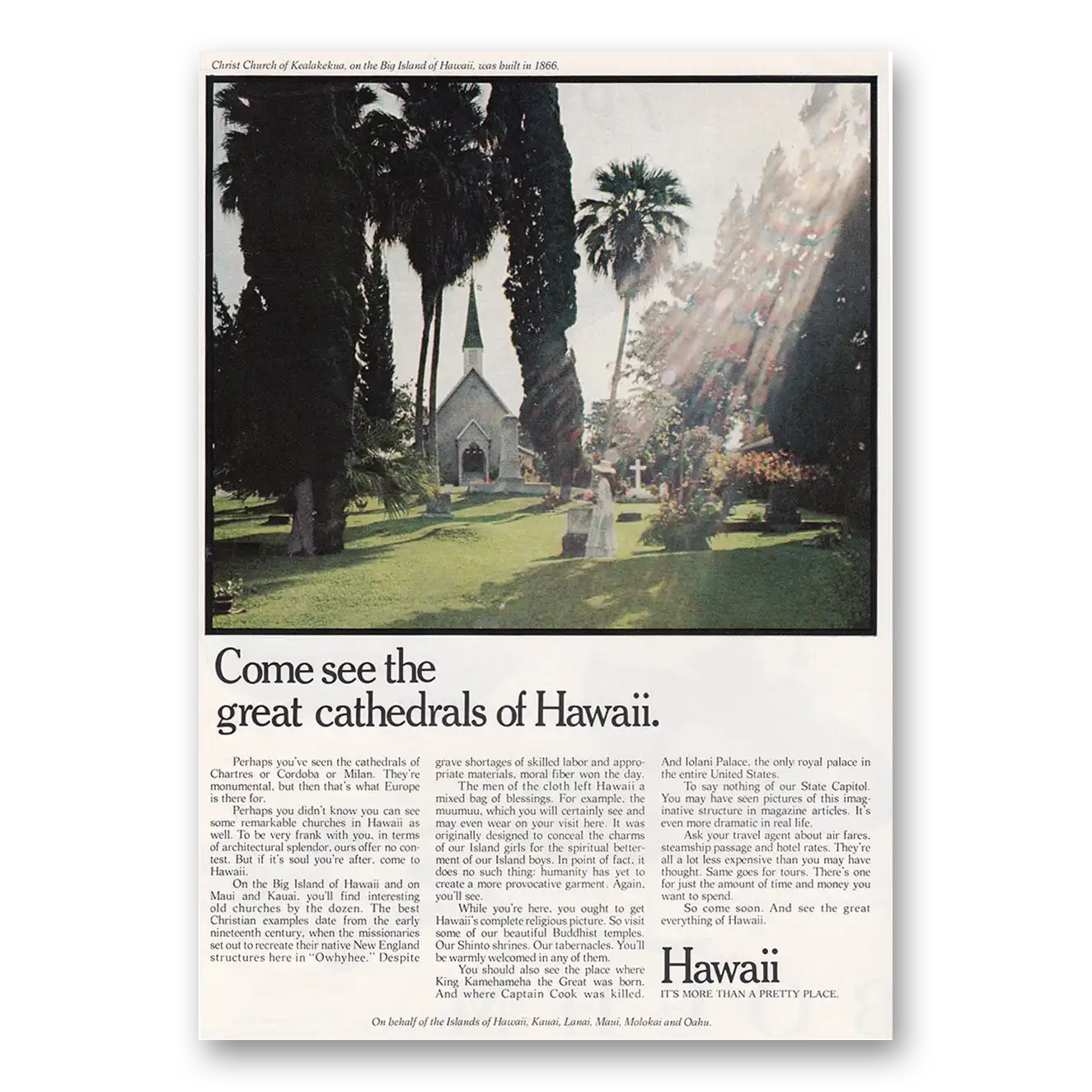 1972 Hawaii Come See the Great Cathedrals Vintage Magazine Print Ad