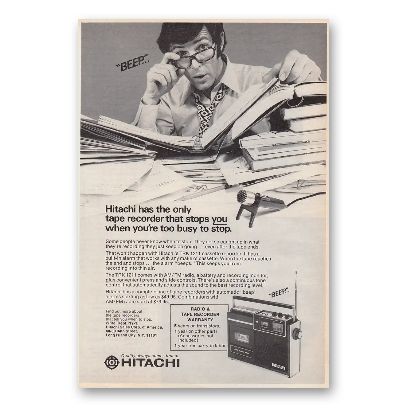 1972 Hitachi Only Tape Recorder That Stops You Vintage Magazine Print Ad