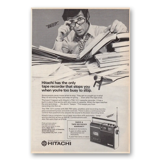 1972 Hitachi Only Tape Recorder That Stops You Vintage Magazine Print Ad