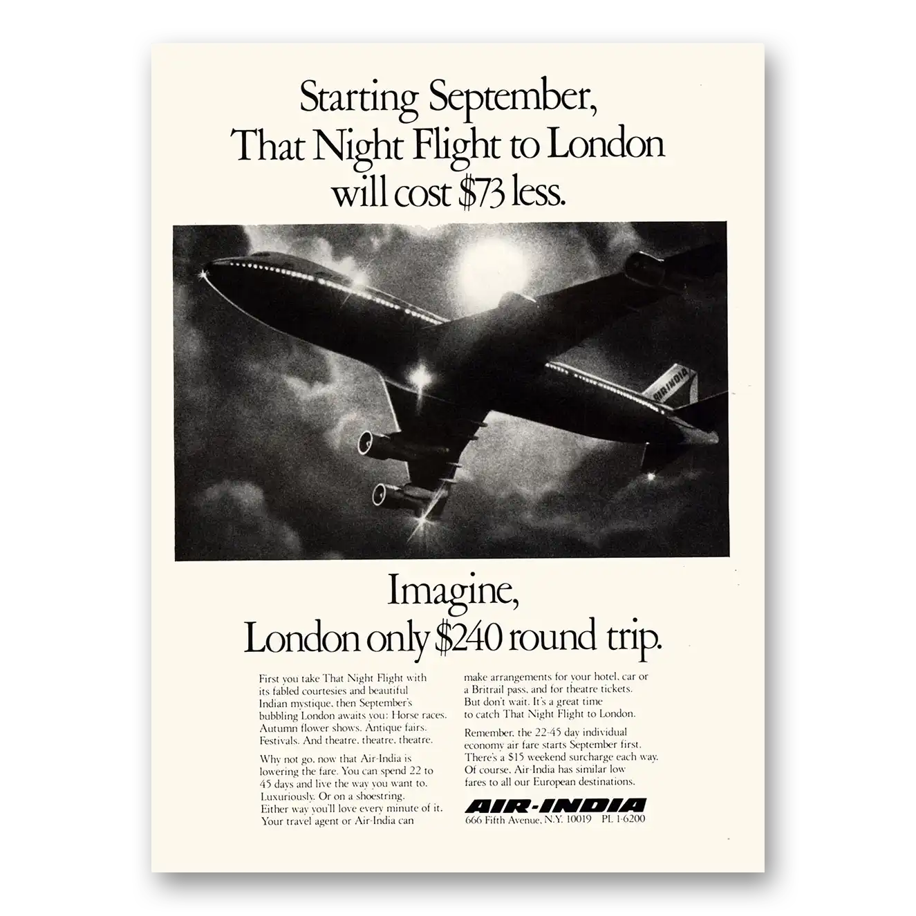 1972 Air India Night Flight to London Imagine Vintage Magazine Print Ad