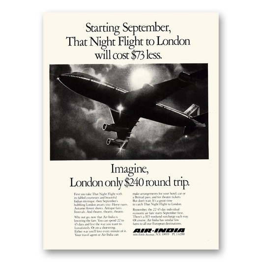 1972 Air India Night Flight to London Imagine Vintage Magazine Print Ad