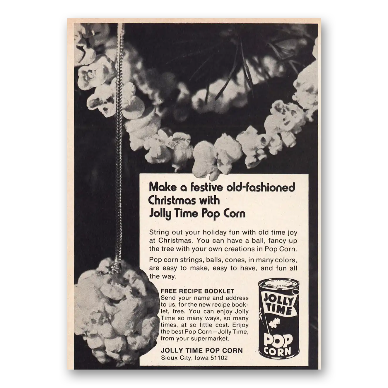 1972 Jolly Time Popcorn Old Fashioned Christmas Vintage Magazine Print Ad