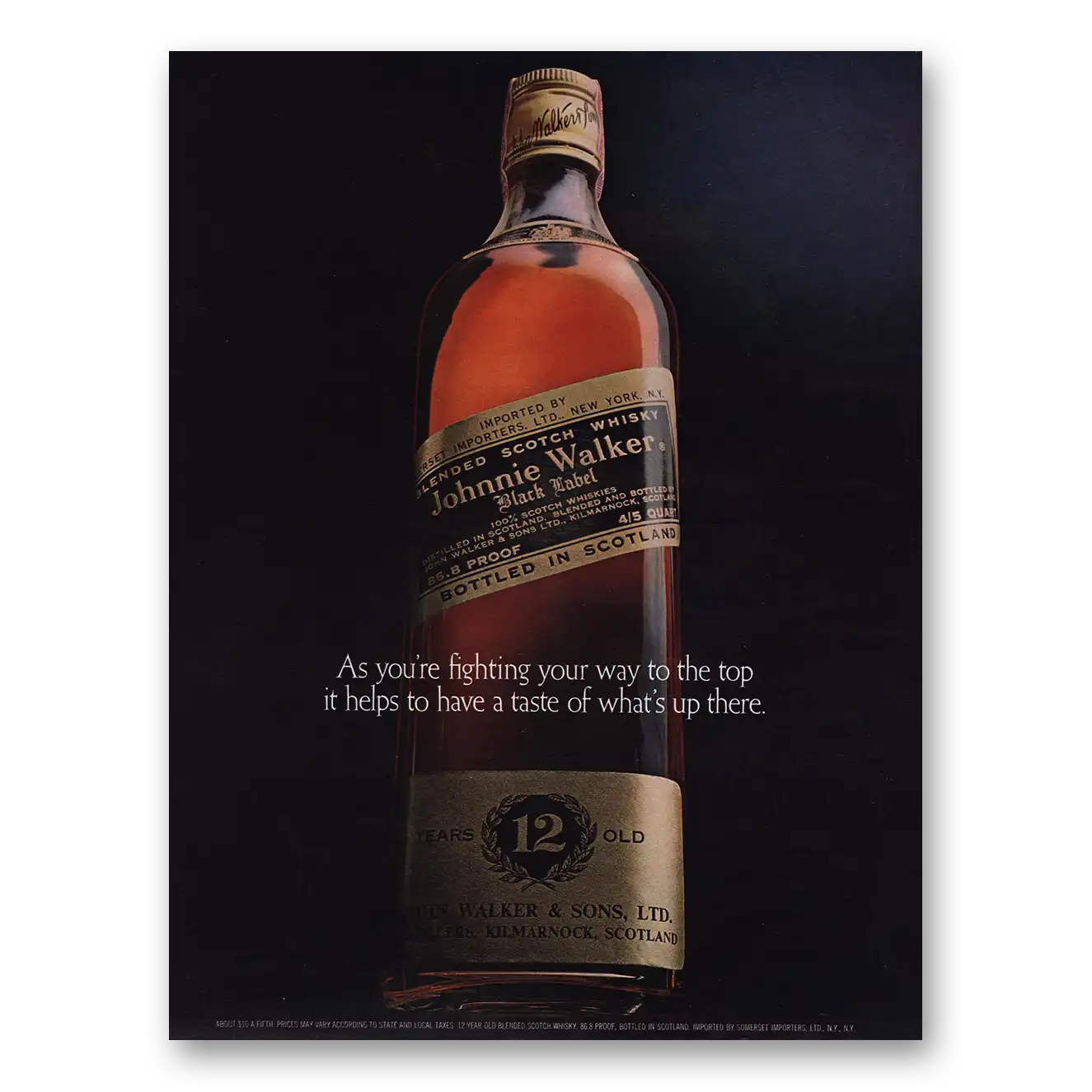 1972 Johnnie Walker Black Label Fighting Your Way to the Top Vintage Magazine Print Ad