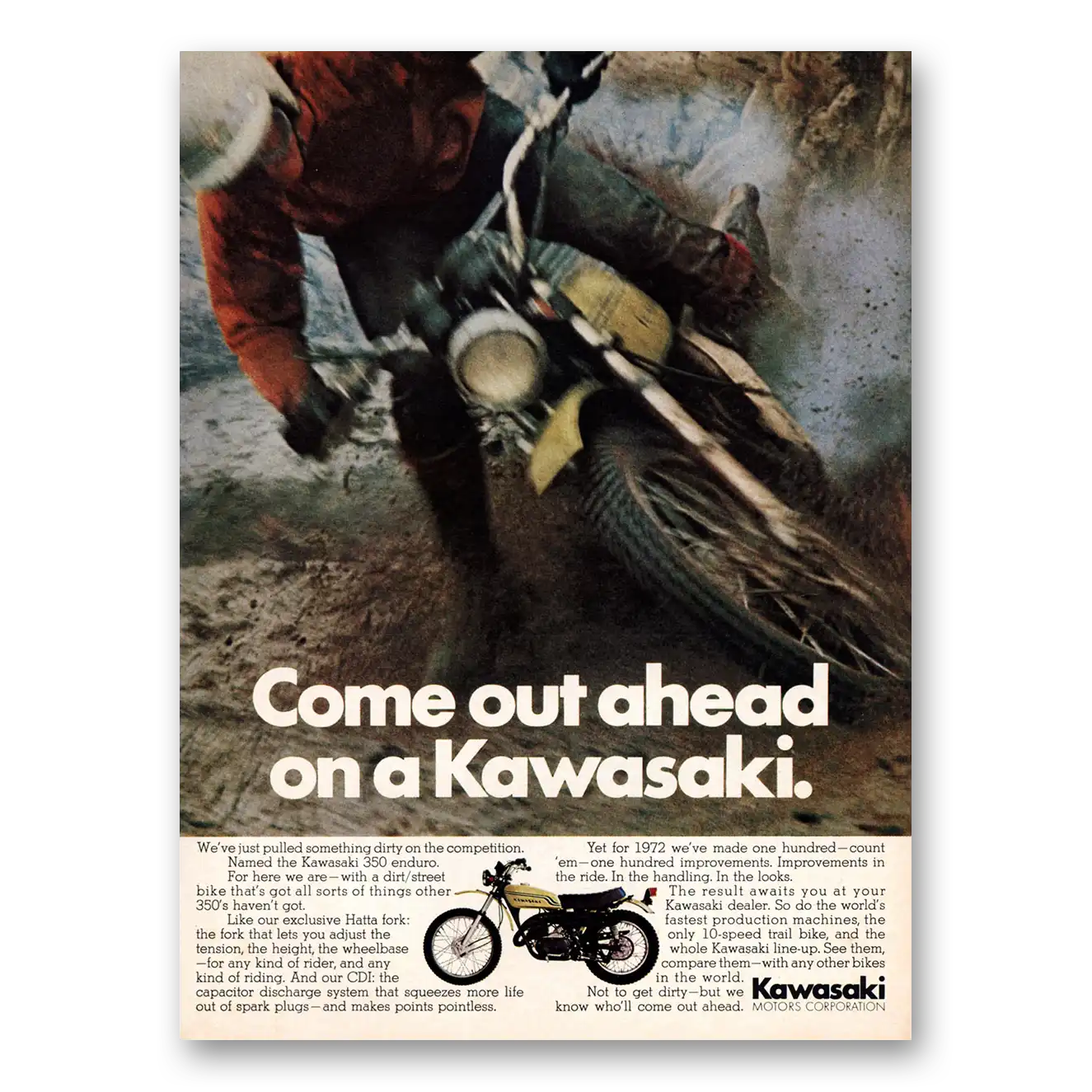 1972 Kawasaki Trail Bike Come Out Ahead Vintage Magazine Print Ad