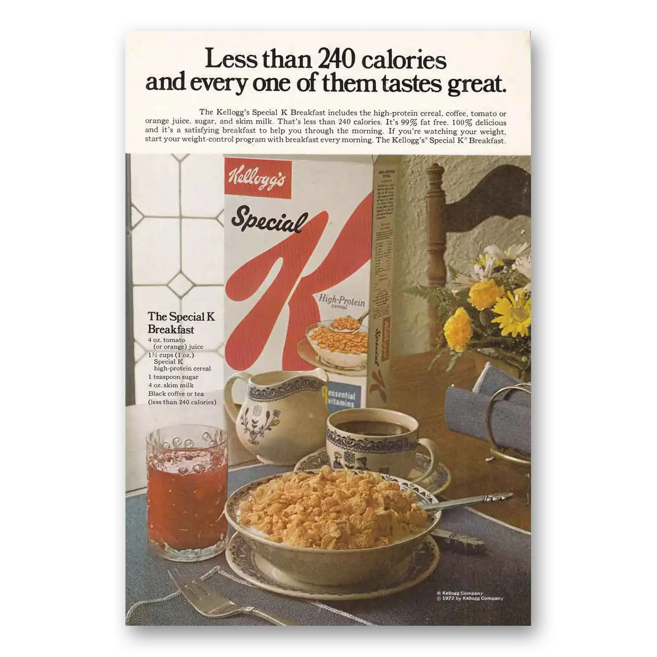 1972 Kelloggs Special K Less Than 240 Calorie Vintage Magazine Print Ad