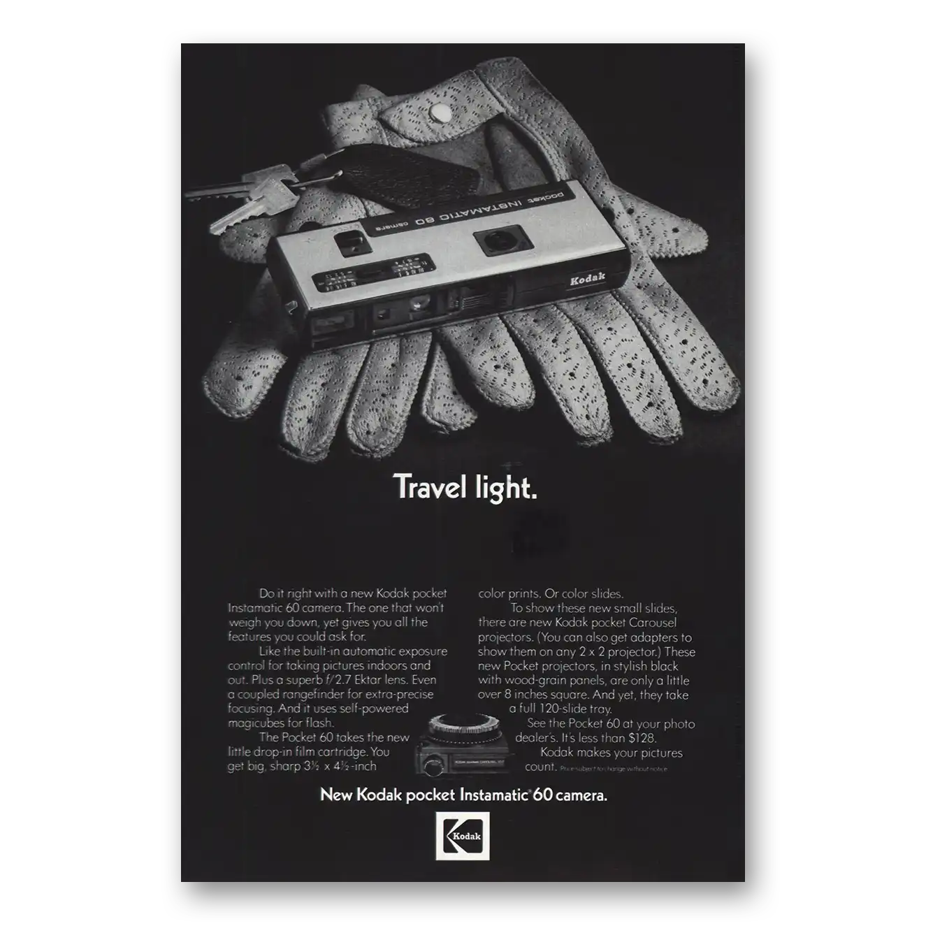 1972 Kodak Instamatic Camera Travel Light Driving Gloves Vintage Magazine Print Ad